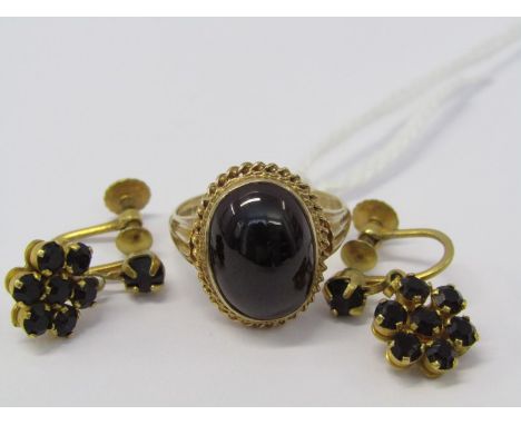 GARNET CLUSTER EARRINGS &amp; DRESS RING, a pair of ruby cluster earrings set in yellow metal together with a 9ct gold dress 