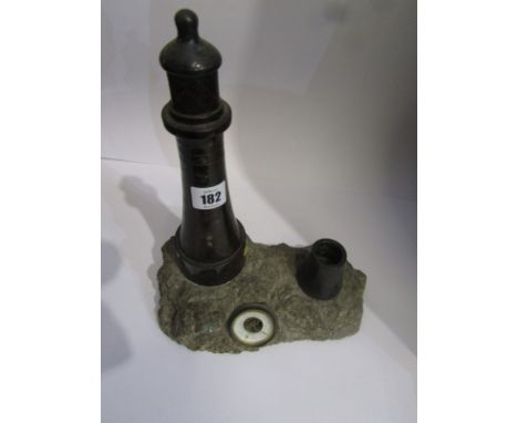 SERPENTINE, lighthouse and spill holder inset with barometer, 11" height 