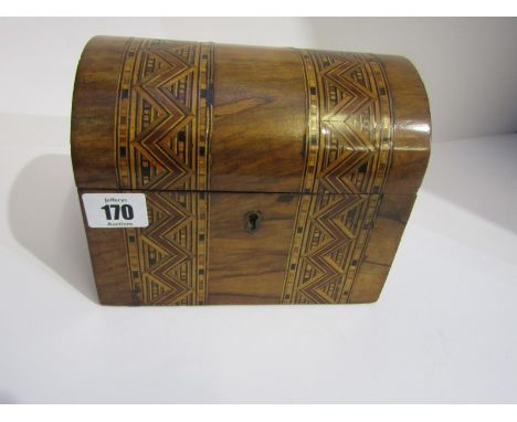 VICTORIAN TEA CADDY, walnut strawwork domed top twin section tea caddy, 7" width 