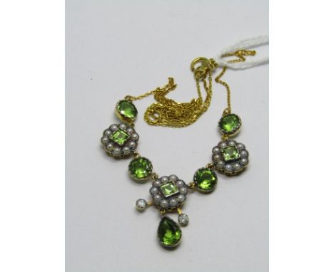 9CT YELLOW GOLD PERIDOT &amp; SEED PEARL NECKLACE, mixed cut peridot stones surrounded by seed pearls, HM 9ct yellow gold cha