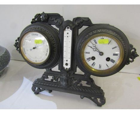 CLOCK BAROMETER, cast iron surround table top combined barometer and clock (some damage), 11"height 