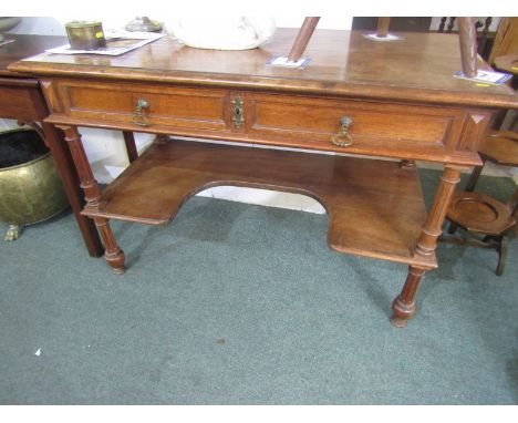 EDWARDIAN KNEEHOLE DESK, twin frieze drawers with open shelf base and fluted tapering column supports, 45" width 