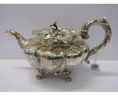VICTORIAN SILVER TEA POT, large Victorian silver tea pot with foliate finial on 4 scroll acanthus leaf feet over 24 ozs, Lond