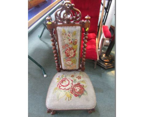 PRAY CHAIR, Victorian floral bead work upholstered pray chair with walnut barley twist column supports &amp; cabriole legs 