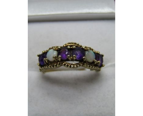 9CT YELLOW GOLD AMETHYST &amp; OPAL ETERNITY STYLE RING, size N/O 