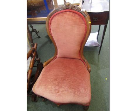 VICTORIAN NURSING CHAIR, carved spoon backed red upholstered nursing chair on cabriole legs 