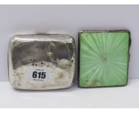 CIGAR CASE, London HM silver cigar case (with dents) together with an Art Nouveau silver and green enamel cigarette case (app