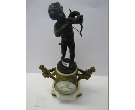 FRENCH MANTEL CLOCK, 19th Century cupid crested gilded mantel clock by Sainson on white marble base with bell strike movement