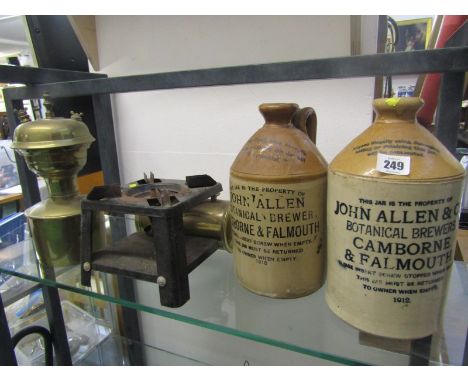 ADVERTISING, 2 stoneware cider flagons, "John Allen &amp; Co" of Camborne, also patent pressure lamp base and 1 other 