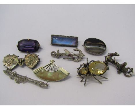 VINTAGE BAR BROOCHES, 9 assorted bar brooches including 2 silver anchor form brooches one set with enamelled bird, an Orienta