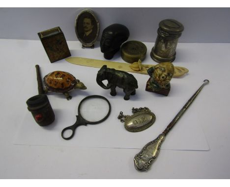 COLLECTORS ITEMS, Art Nouveau ivorine paper knife, silver handled button hook, decanter labels and contents of box 