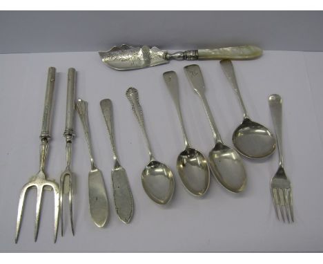 SILVER CUTLERY, 4 silver spoons, 2 butter knives, small fork, together with 2 silver handled forks and silver bladed knife, v