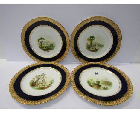 VICTORIAN DESSERT PLATES, set of 4 gilt royal blue bordered dessert plates, decorated with landscapes 