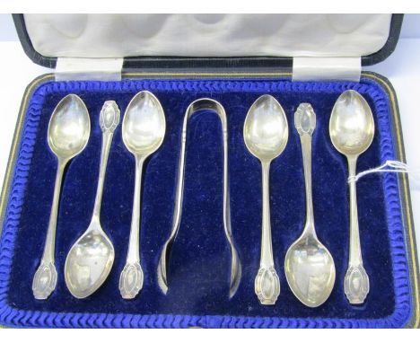 SILVER SPOON SET, set of 6 silver teaspoons with matching sugar tongs, Sheffield HM in fitted case, 3.5ozs 