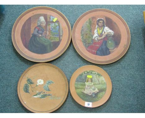 TERRACOTTA PLAQUES, pair of Continental portrait painted circular terracotta plaques &amp; two others 