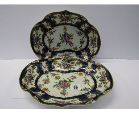 18th CENTURY WORCESTER, pair of kidney shaped scale blue ground dishes decorated with floral displays and butterflies, underg