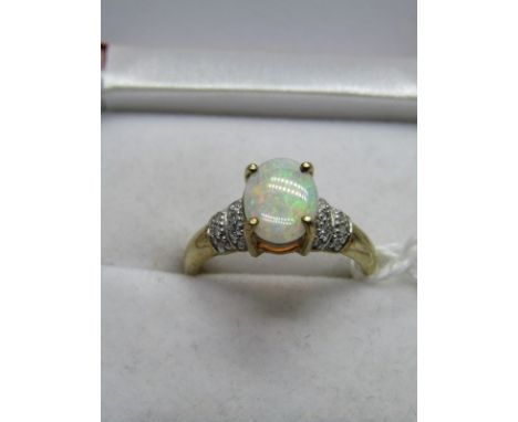 9CT YELLOW GOLD OPAL &amp; DIAMOND RING, central opal cut opal in 4 claw setting, with accent diamonds to each shoulder, size