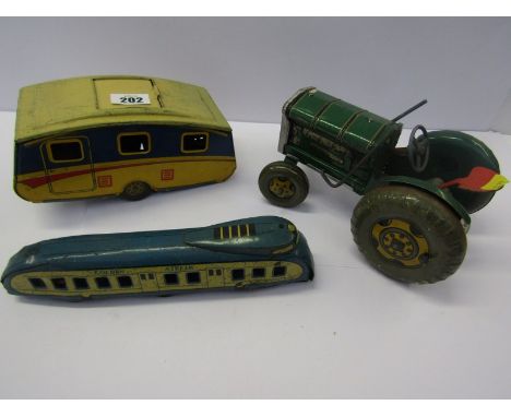 TIN PLATE TOYS, green tractor, caravan and "Golden Streak" coach 