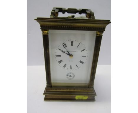 CARRIAGE CLOCK, repeater brass case carriage clock by Matthew Norman, with coiled bar strike &amp; fluted brass column design