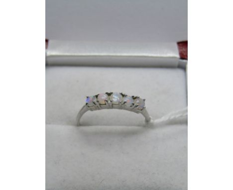 9CT WHITE GOLD 5 STONE OPAL RING, size M/N 