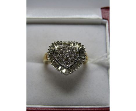 18CT YELLOW &amp; WHITE GOLD DIAMOND CLUSTER RING, in the form a heart, central brilliant cut diamonds surrounded by a halo o