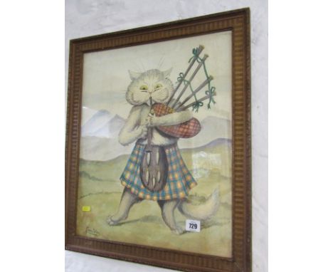 ATTRIBUTED LOUIS WAIN, signed watercolour "Cat In Kilt Playing Bagpipes" 18" x 15" 
