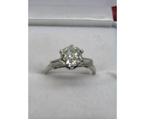 18CT WHITE GOLD DIAMOND SOLITAIRE RING, central old cut diamond of slight cushion form, approximately 1.8ct, of good colour &