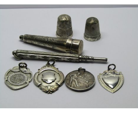 SILVER ITEMS, including pin holder, watch fobs, thimbles &amp; propelling pencil 