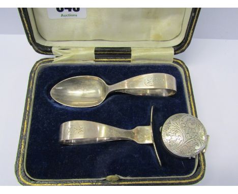 SILVER PUSHER &amp; SPOON SET, 1 Birmingham and 1 London HM, also sterling silver circular pill box with foliate decoration t
