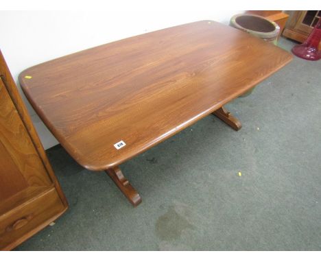 ERCOL FURNITURE, Ercol coffee table with twin shaped supports &amp; single stretcher. 50" x 26.75" approximately