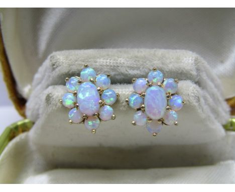 PAIR OF 9CT YELLOW GOLD OPAL CLUSTER EARRINGS, in the form of flowers 