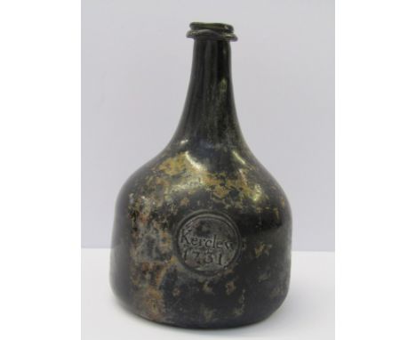 ANTIQUE SEALED CORNISH WINE BOTTLE, free blown mallet shaped wine bottle. Seal reading "Kerclew 1731", approximately 6.5" hig