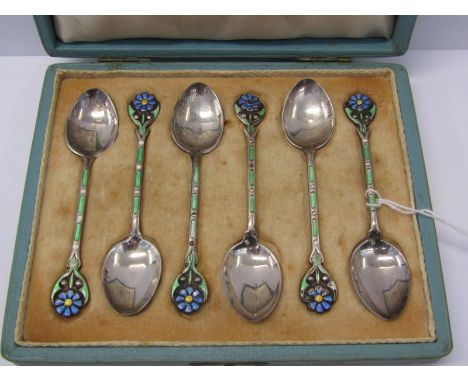 ASPREY, set of 6 silver and enamelled coffee spoons, Birmingham 1928 with blue floral finials and green enamel stems in fitte