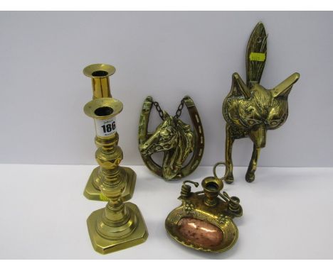 BRASSWARE, pair of Victorian square based candlesticks, fox novelty door knocker, chamber stick, etc 