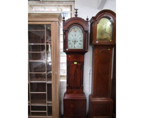 GEORGIAN LONG CASE CLOCK, 8 day painted arch face with moon face window, inliad mahogany casing with writhen column supports 