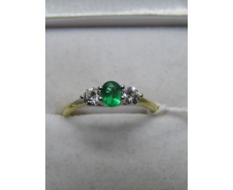 18CT YELLOW GOLD 3 STONE EMERALD &amp; DIAMOND RING, central opal cut emerald set with brilliant cut diamond to each shoulder