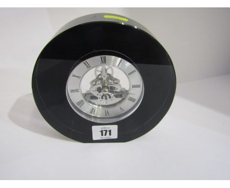 DARTINGTON CLOCK, a stylish black glass surround mantel clock 