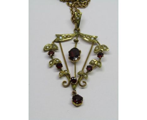 ART NOUVEAU PENDANT, 9ct gold Art Nouveau design pendant set with rubies &amp; seed pearls on a fine link chain 