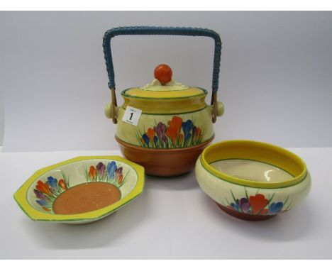 CLARICE CLIFF, "Crocus" pattern spherical lidded biscuit barrel, pattern no. 335 (lid chip) also similar small bowl &amp; des