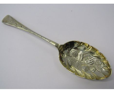 SILVER BERRY SPOON, the bowl decorated fruit and foliage in relief, Sheffield HM, 1938 