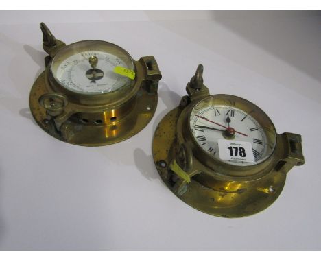 MARITIME, brass porthole design wall mounted barometer and matching clock, 5.5" dia 