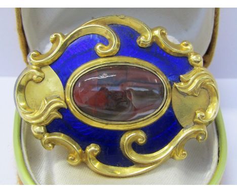 VICTORIAN ENAMEL BAR BROOCH, set central Cairngorm in a blue enamel &amp; yellow metal mount 