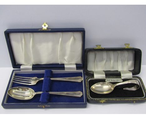 SILVER CHRISTENING WARE, box with silver spoon and fork set, Sheffield HM, together with a boxed Christening spoon in fitted 