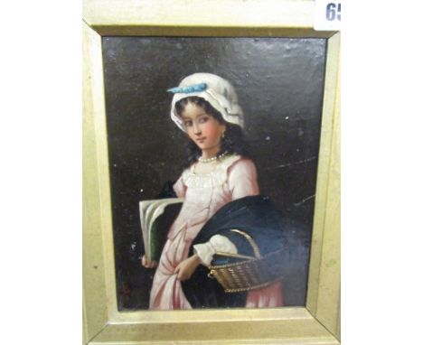 VICTORIAN PORTRAIT, signed and dated oil on board "Portrait of Young Lady with books and wicker basket" indistinctly signed, 