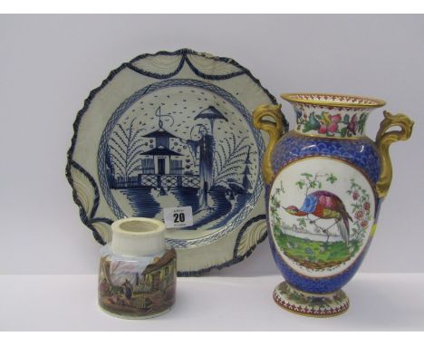 EARLY PEARLWARE, Liverpool-style "Long Eliza" pattern plate (af), also Pratt printed "Harbour" pattern jar &amp; Copeland Spo