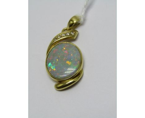 18CT YELLOW GOLD OPAL &amp; DIAMOND PENDANT, large oval cut opal in 18ct gold swirl form pendant with accent brilliant cut di