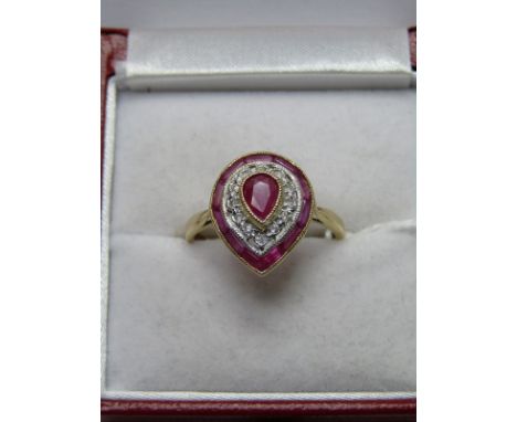 15CT YELLOW GOLD RUBY &amp; DIAMOND CLUSTER RING, central oval cut ruby surrounded by brilliant cut diamonds &amp; a further 