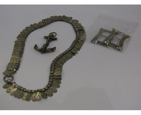 SILVER &amp; WHITE METAL ITEMS, including anchor brooch, 2 buckles &amp; necklace 