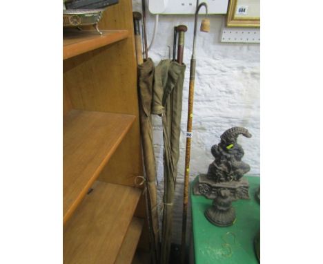 ANGLING, triple section 2 handled salmon rod, also 4 section greenheart rod by Army &amp; Navy Stores and salmon gaff with ba