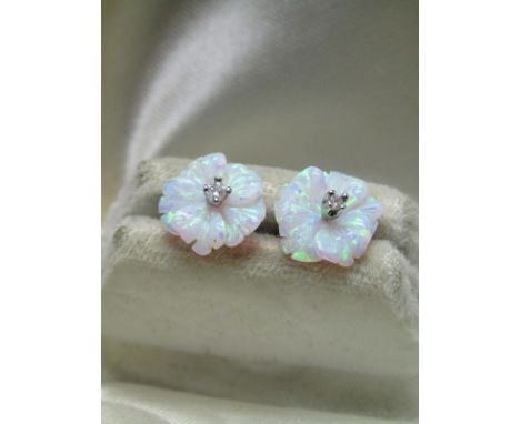 PAIR OF 9CT YELLOW GOLD OPAL EARRINGS, in the form of flowers with small accent diamond to the centre of each earring 